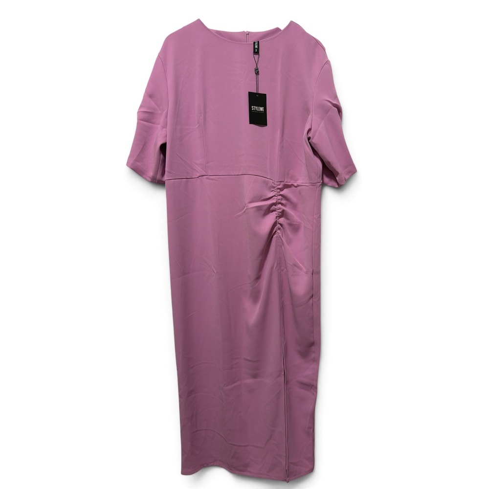 Stylewe Mauve Pink Ruched Side Slit Midi Dress NWT 2XL Elbow Sleeve Puff Pleat